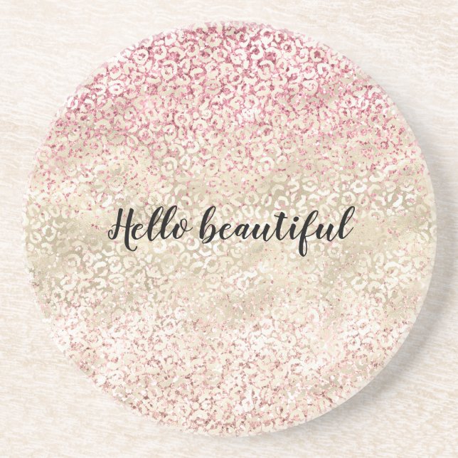 Girly Pink Glitter Glam Gold Leopard Print Ombre Coaster (Front)
