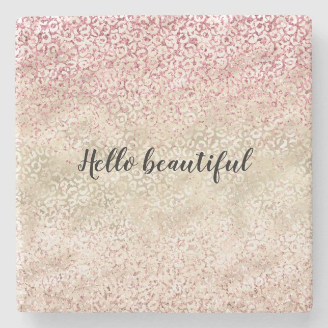 Girly Pink Glitter Glam Gold Leopard Print Ombre Stone Coaster (Front)