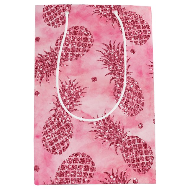 Girly Pink Glitter Glitzy Pineapples Medium Gift Bag (Front)