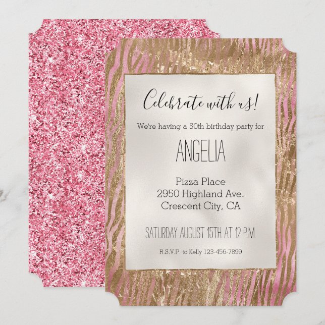 Girly Pink Glitter Gold Glam Zebra print Invitation (Front/Back)