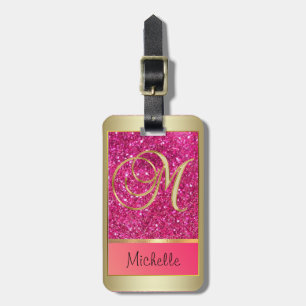 Girly Pink Glitter Golden Monogram Letter M  Luggage Tag