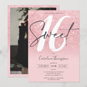 Girly pink glitter gradient chic photo Sweet 16 Invitation