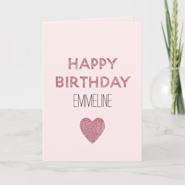 Girly Pink Glitter Happy Birthday Heart Card (Front)