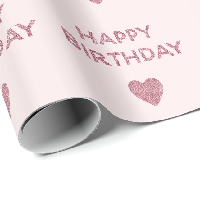 Girly Pink Glitter Happy Birthday Hearts Wrapping Paper (Roll Corner)