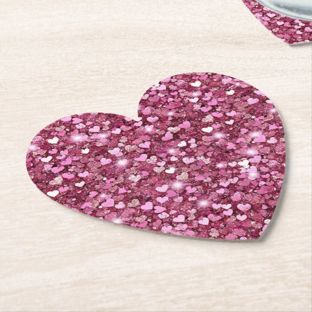 Girly Pink Glitter Hearts Paper Coaster (Angled)