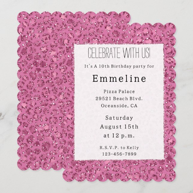 Girly Pink Glitter Leopard Animal Print Invitation (Front/Back)