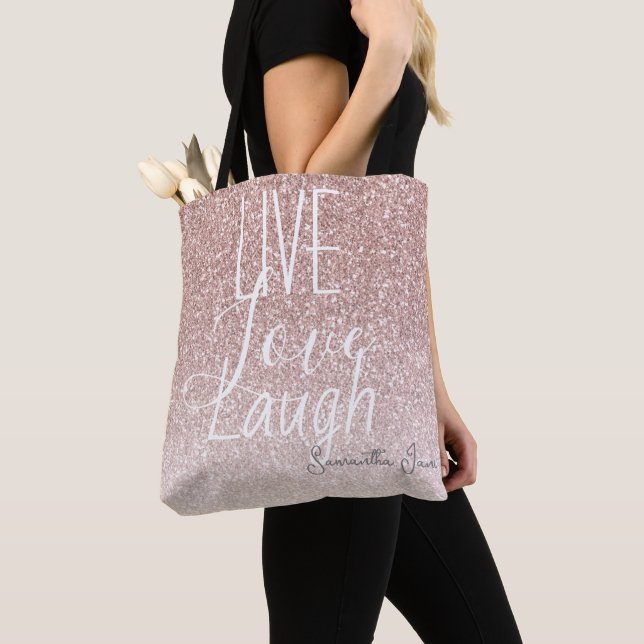 Girly Pink Glitter Live Love Laugh Motivational Tote Bag (Close Up)