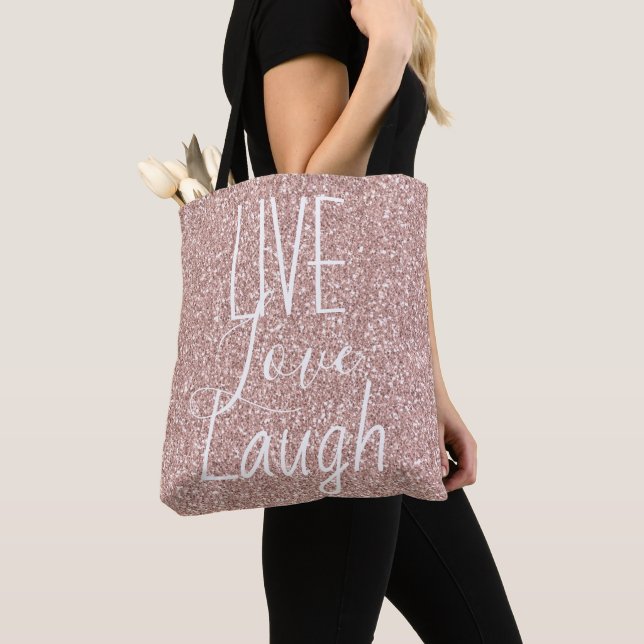Girly Pink Glitter Live Love Laugh Motivational Tote Bag (Close Up)