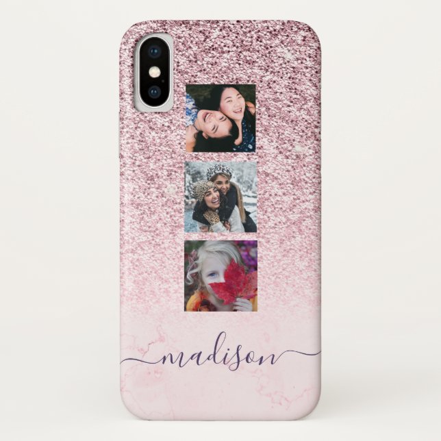 Girly Pink Glitter Marble Photo Script Name  Case-Mate iPhone Case (Back)