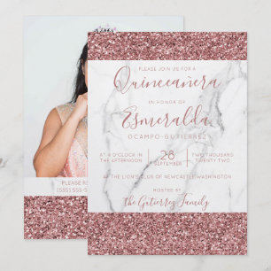 Girly Pink Glitter Marble Quinceanera Photo Invitation