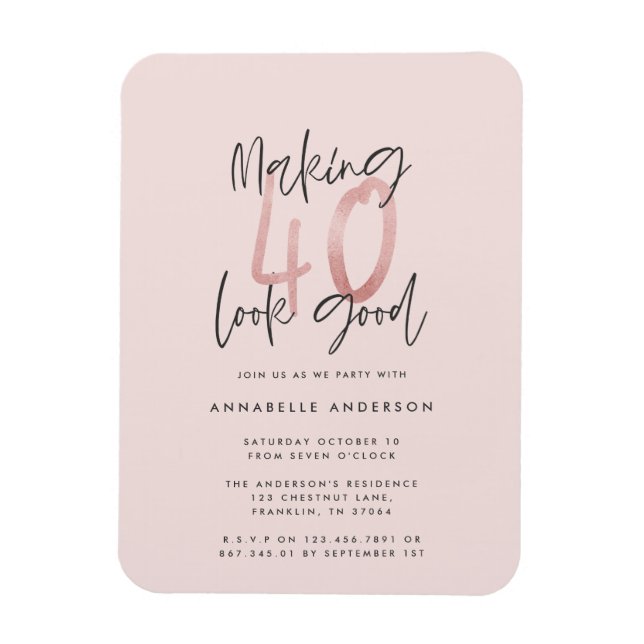 Girly pink glitter modern stylish 40th birthday magnet (Vertical)