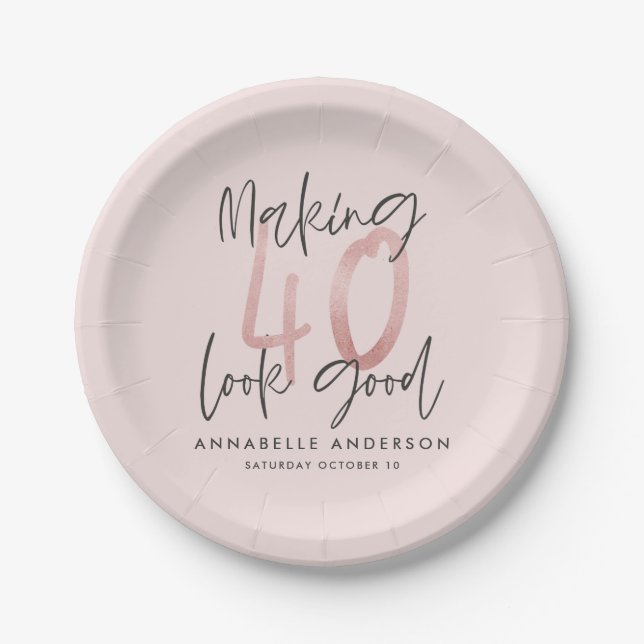 Girly pink glitter modern stylish 40th birthday paper plate (Front)