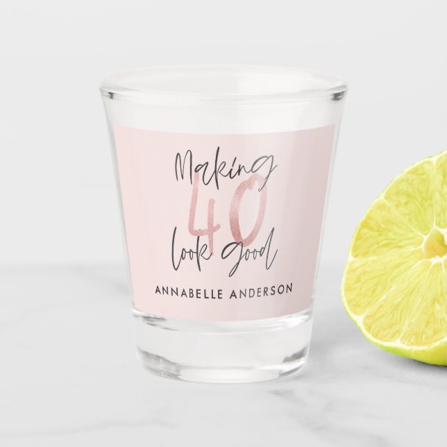 Girly pink glitter modern stylish 40th birthday  shot glass (Front)