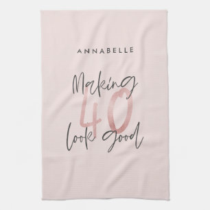 Girly pink glitter modern stylish 40th birthday tea towel