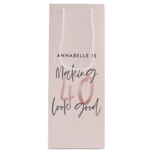 Girly pink glitter modern stylish 40th birthday wine gift bag