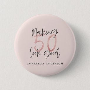 Girly pink glitter modern stylish 50th birthday 6 cm round badge