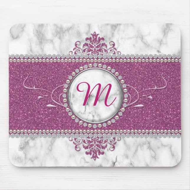 Girly Pink Glitter Monogram Mouse Mat (Front)