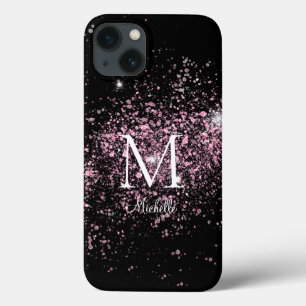 Girly Pink Glitter Monogram Name  iPhone 13 Case