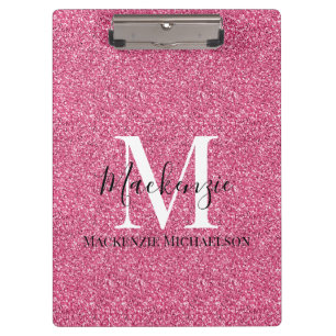 Girly Pink Glitter Monogram Name Clipboard
