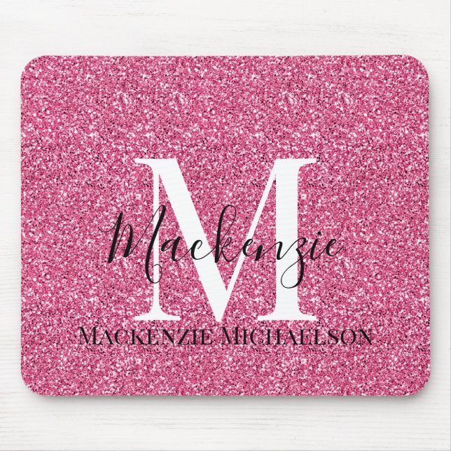 Girly Pink Glitter Monogram Name  Mouse Mat (Front)