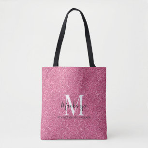 Girly Pink Glitter Monogram Name   Tote Bag