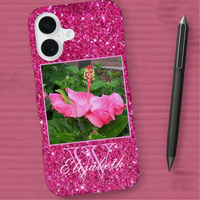 Girly Pink Glitter Monogram Personal Photo Name iPhone 16 Case (Custom photo monogram template phone case)
