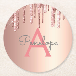 Girly Pink Glitter Monogrammed Rose Gold Drips Round Paper Coaster