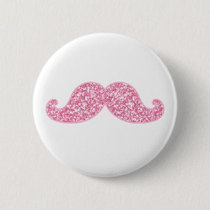 GIRLY PINK GLITTER MUSTACHE PRINTED 6 CM ROUND BADGE