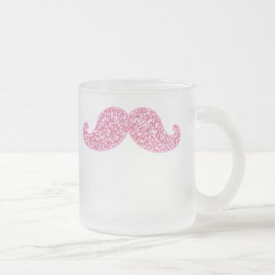 GIRLY PINK GLITTER MUSTACHE PRINTED FROSTED GLASS COFFEE MUG