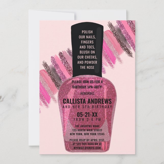 Girly Pink Glitter Nail Polish Spa Day Birthday Invitation (Front)