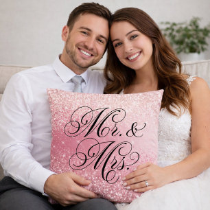 Girly Pink Glitter Ombre Mr and Mrs Throw Pillow
