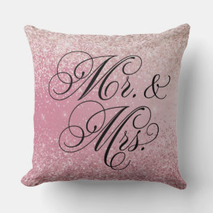 Girly Pink Glitter Ombre Mr and Mrs Throw Pillow