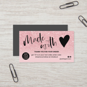 Girly pink glitter ombre thank you made with love business card