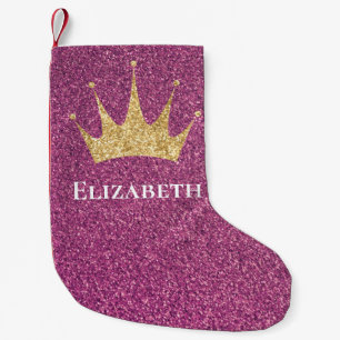 Girly Pink Glitter Princess Crown Monogrammed Small Christmas Stocking