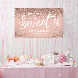 Girly Pink Glitter Rose Gold 16th Birthday Name Banner