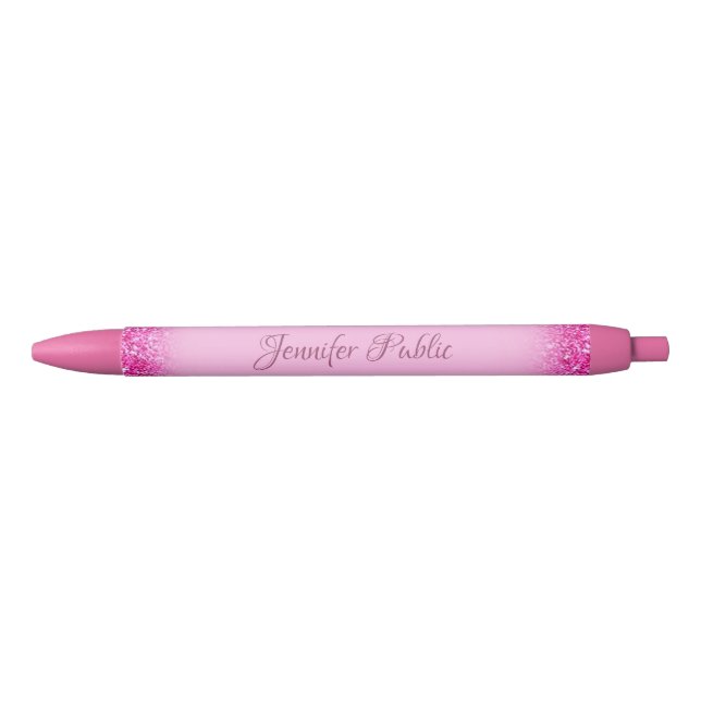 Girly Pink Glitter Shiny Personalised Script Name Black Ink Pen (Front)