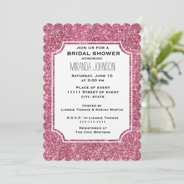 Girly Pink Glitter Sparkle Birthday Bridal Shower Invitation (Standing Front)