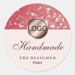 Girly Pink Glitter Sparkle Stars Logo Handmade Classic Round Sticker
