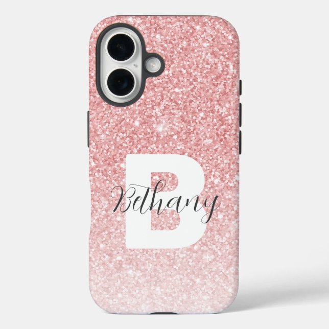 Girly Pink Glitter Sparkles Monogram Script Name Case-Mate iPhone Case (Back)