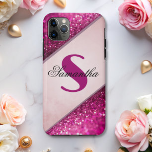 Girly pink glitter Sparkles Monogram Script Name iPhone 11 Pro Max Case