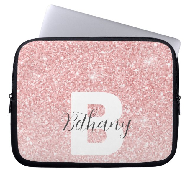 Girly Pink Glitter Sparkles Monogram Script Name Laptop Sleeve (Front)