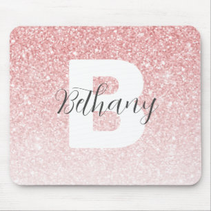 Girly Pink Glitter Sparkles Monogram Script Name Mouse Mat