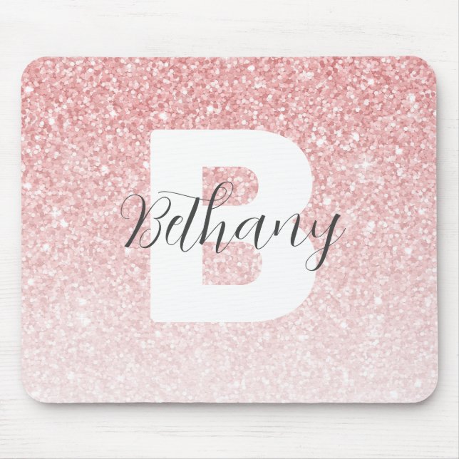 Girly Pink Glitter Sparkles Monogram Script Name Mouse Mat (Front)