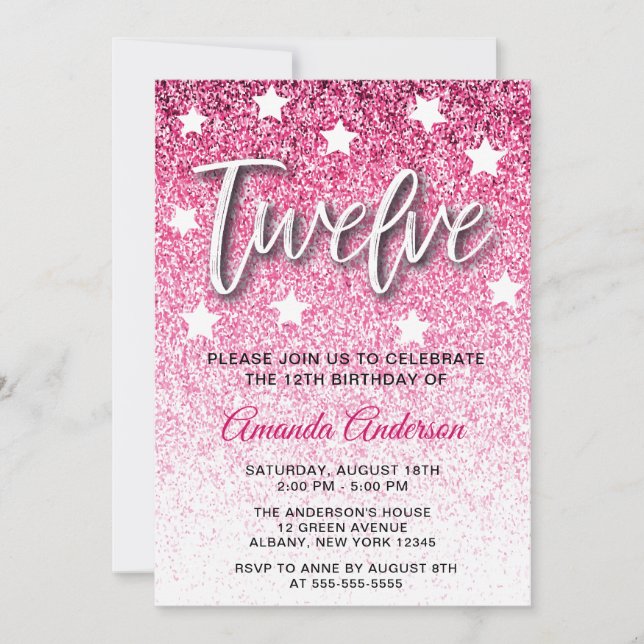 Girly Pink Glitter Texture 12th Birthday Party Invitation (Front)