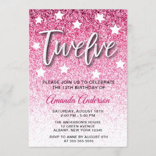 Girly Pink Glitter Texture 12th Birthday Party Invitation