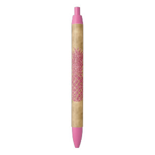 Girly Pink Glitter Tropical Pineapple Gold Glam Black Ink Pen