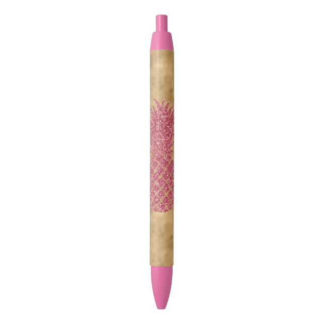 Girly Pink Glitter Tropical Pineapple Gold Glam Black Ink Pen (Front Vertical)