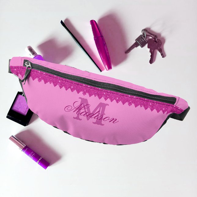 Girly pink glitter zigzag, monogram bum bags (Creator Uploaded)