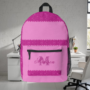 Girly pink glitter zigzag, monogram, custom printed backpack