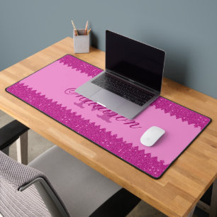 Girly pink glitter zigzag, monogram desk mat